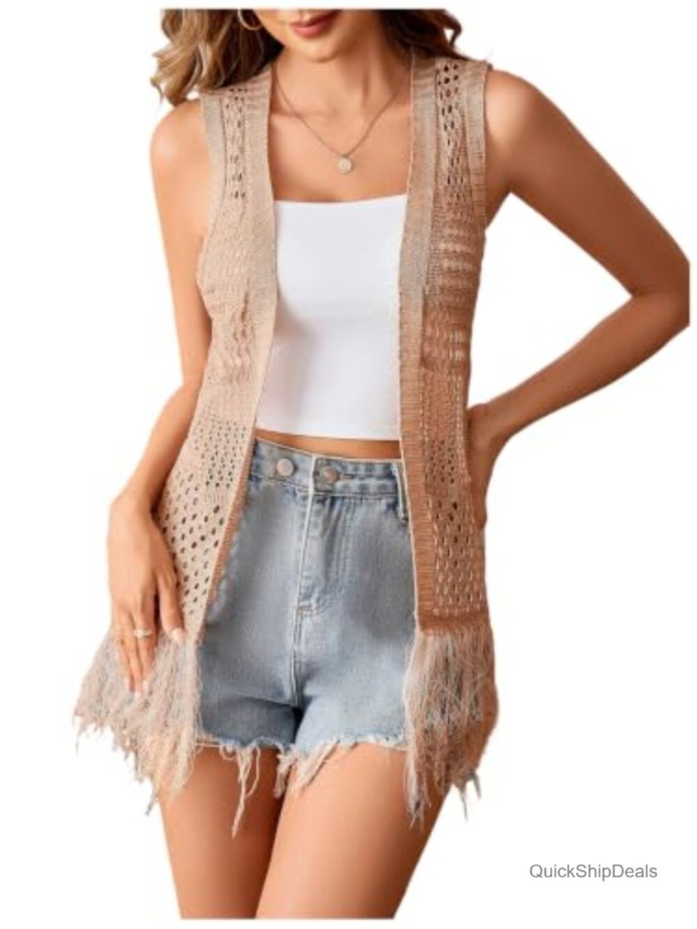 Sleeveless Crochet Vest Boho Cardigan Fringe Hem Open Front Acrylic